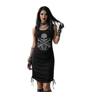Rock n Roll Skull Cinched Dress Size L Black Sleeveless Ruched Bodycon NWT